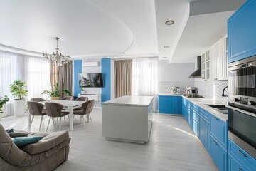 interior apartment kitchen and dining room, refectory area, cooking equipment, table furniture, stove