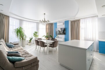 interior apartment kitchen and dining room, refectory area, cooking equipment, table furniture, stove