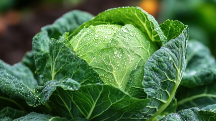 Fresh, vibrant green head of cabbage, glistening with morning dew.  Close-up view of the tightly packed leaves