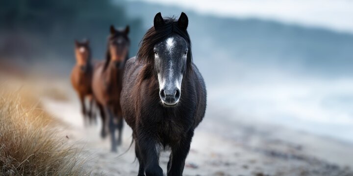 Majestic horses walking along a serene beach at dawn, creating a beautiful coastal scene with soft waves