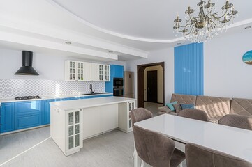 interior apartment kitchen and dining room, refectory area, cooking equipment, table furniture, stove