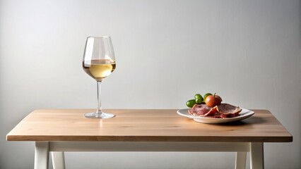 A simple table setting with a glass of white wine and a plate of cured meat accompanied by olives and a small tomato