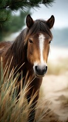 Obraz premium Majestic horse gazes through tall grass by the shore at sunset near a tranquil beach setting