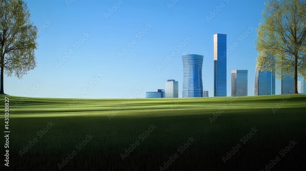 Poster 緑豊かな芝生と青空の下にそびえ立つ高層ビル群の美しい風景 自然光が照らす都市景観