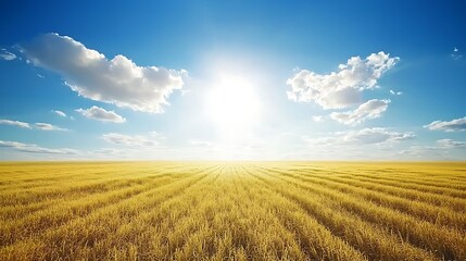 Fototapeta premium Vast golden wheat field under a vibrant blue sky with fluffy clouds