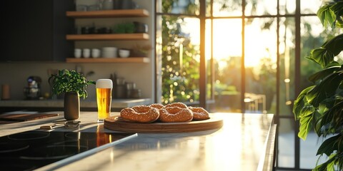A tray of freshly baked German pretzels placed on a kitchen counter, ready to be served with a refreshing beer
