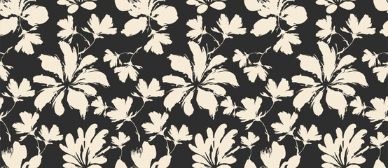 Cream floral vector silhouettes on black background in seamless repeat style for elegant pattern design © abcvector