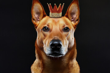 Obraz premium Dog proudly wears a tiny crown, showcasing a regal demeanor against a dark background during an indoor photo session