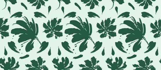 Fototapeta premium Green floral pattern with silhouette flower vector on mint background in seamless pattern botanical style