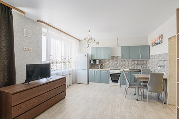 interior apartment kitchen and dining room, refectory area, cooking equipment, table furniture,...