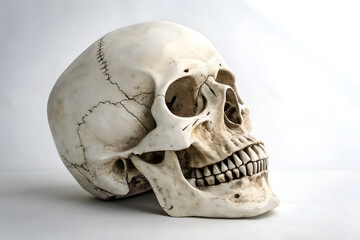 A spooky human skull, a symbol of death and danger, is isolated on both black and white backgrounds, often depicted with crossbones for a scary, Halloween-themed image.