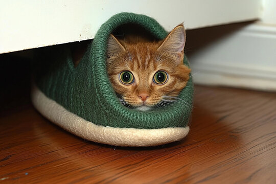 Curious kitten peeks out from cozy slipper in warm indoor setting