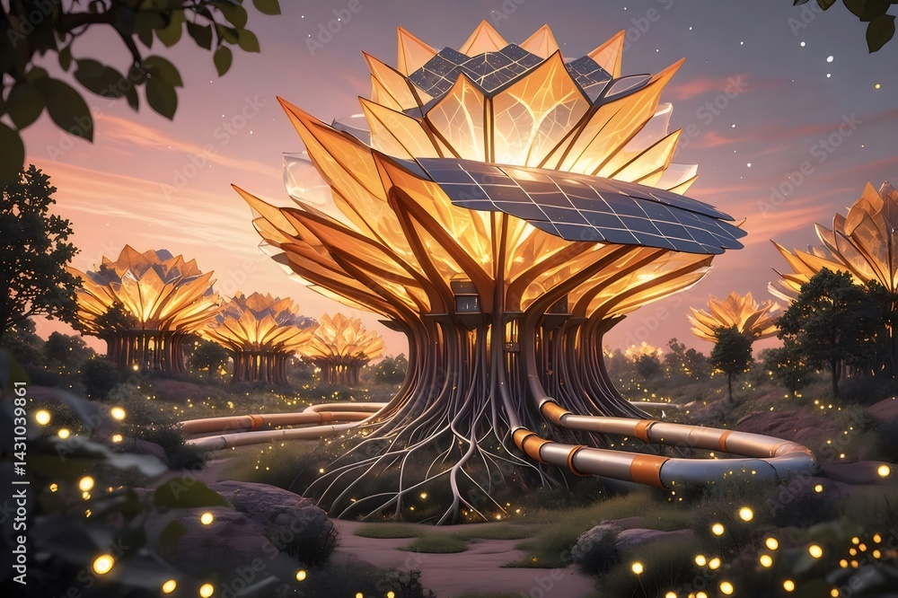 Poster 夕焼け空の下 輝く光を放つ未来的な木々 自然とテクノロジーの融合による幻想的な風景