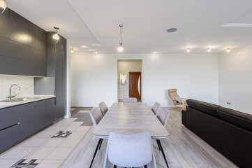 interior apartment kitchen and dining room, refectory area, cooking equipment, table furniture,...