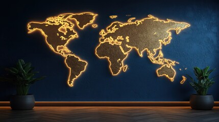 Illuminated World Map on Dark Wall