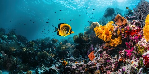 Obraz premium A vibrant butterflyfish gliding near a colorful coral reef, its yellow and black markings standing out