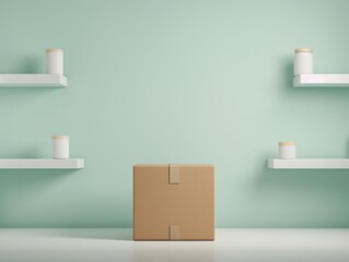 Minimalist workspace with boxes and shelves.