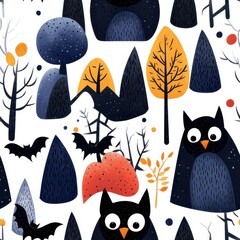 Playful Pattern with Owls and Bats in Autumn Tones