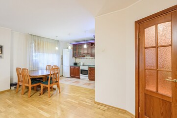 interior apartment kitchen and dining room, refectory area, cooking equipment, table furniture, stove