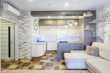 interior apartment kitchen and dining room, refectory area, cooking equipment, table furniture, stove