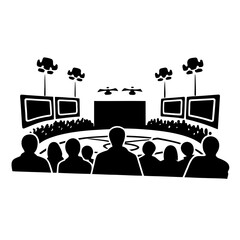 Spectators silhouette watching drone race on screens, competitive sport event in black and white