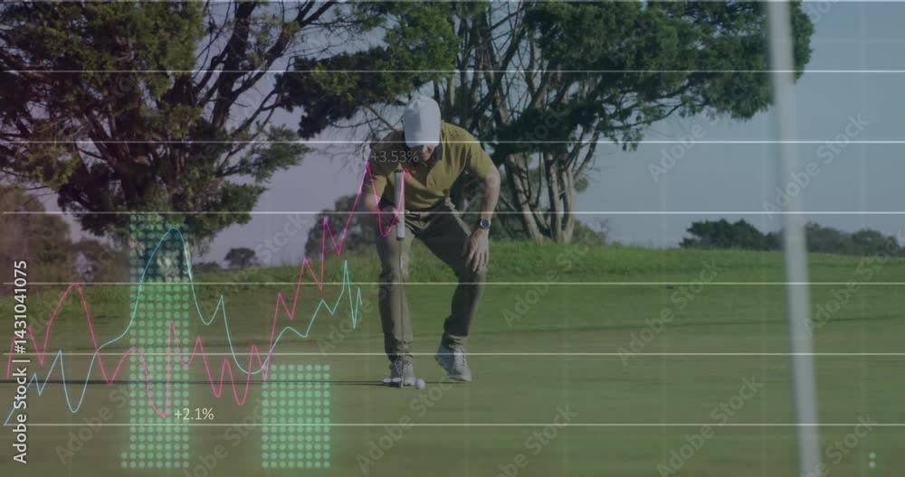Poster golfer crouching on green aligning putter and ball with smartwatch showing sports analytics graphs