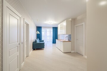 interior apartment kitchen and dining room, refectory area, cooking equipment, table furniture, stove