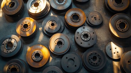 Abstract composition of car brake parts scattered over a concrete floor with shadows