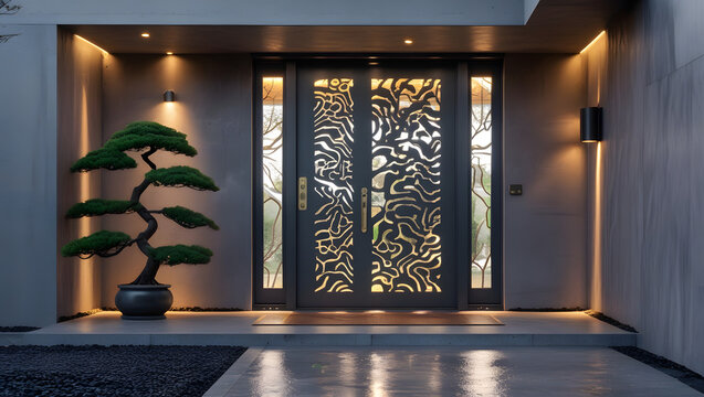 metal front door with laser cut design