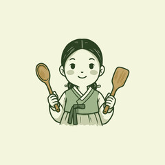Cute Korean Girl Chef with Wooden Spoons
