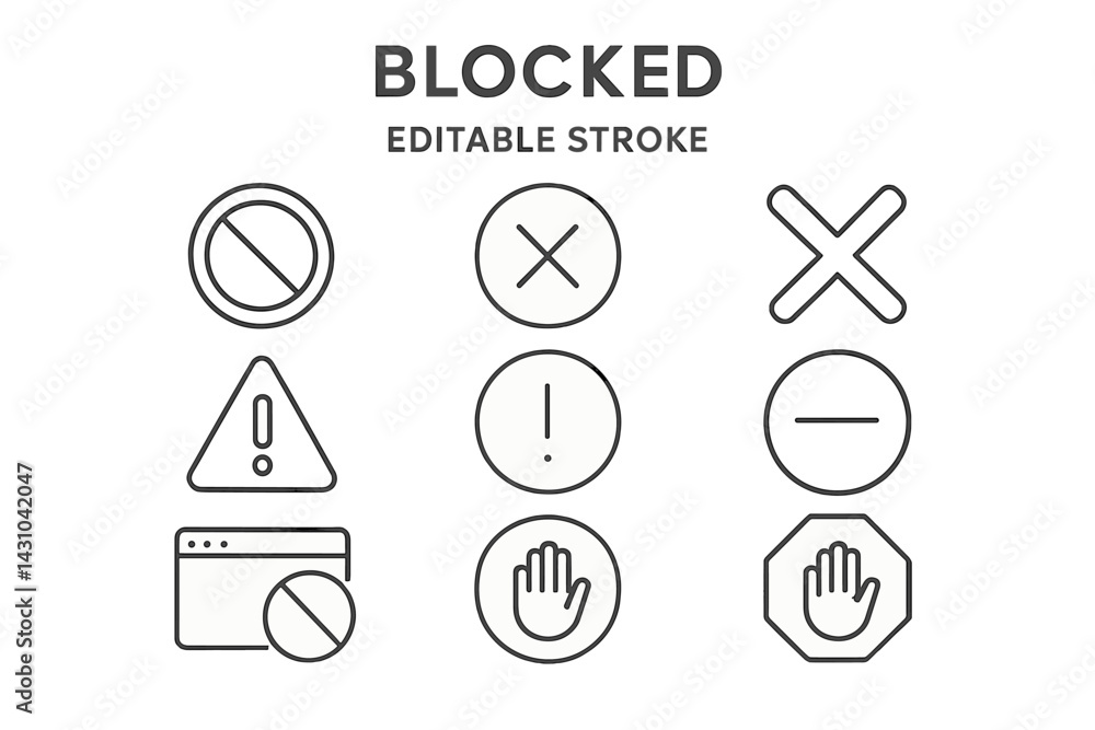 Poster vector icon set featuring elements indicating block, warning, and restriction in a minimalist design