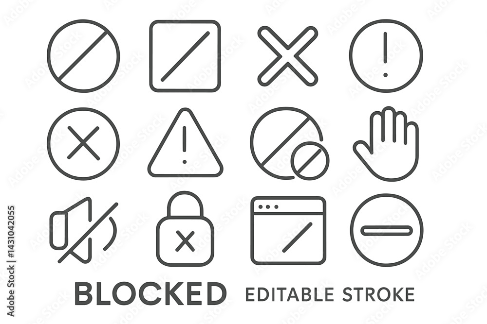Poster vector icon set featuring various symbols for warning, blocking, and indicating actions in a minimal