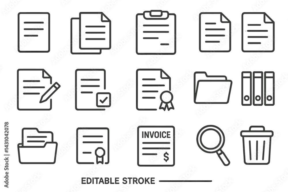 Poster vector icon set features various document-related symbols for use in digital design projects