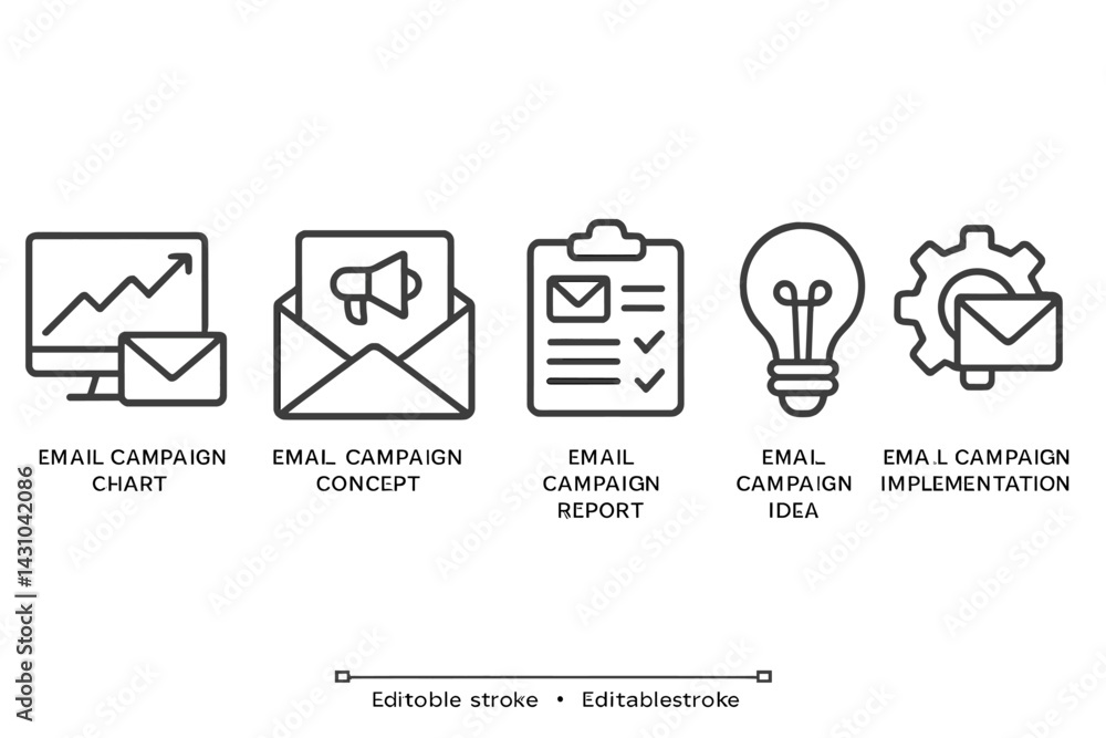 Poster vector icon set illustrating key components of an effective email marketing campaign for digital com