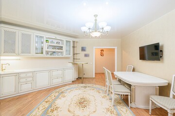 interior apartment kitchen and dining room, refectory area, cooking equipment, table furniture,...