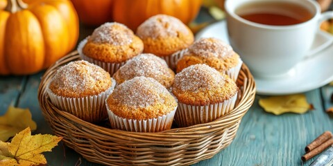 A basket of freshly baked pumpkin spice muffins with a dusting of cinnamon sugar, served with a cup of hot tea