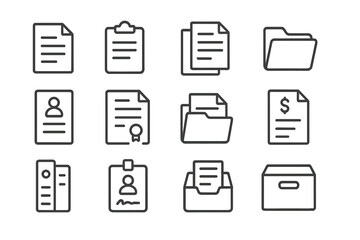Vector icon set representing documents, files, and organization tools for business and personal use