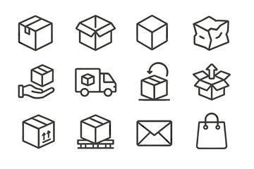 Line art delivery and logistics vector icon set showcasing boxes, truck, hand, mail, damaged, and shopping bag for shipping services