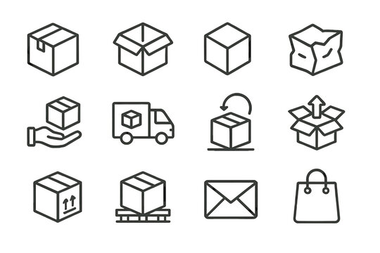 Line art delivery and logistics vector icon set showcasing boxes, truck, hand, mail, damaged, and shopping bag for shipping services
