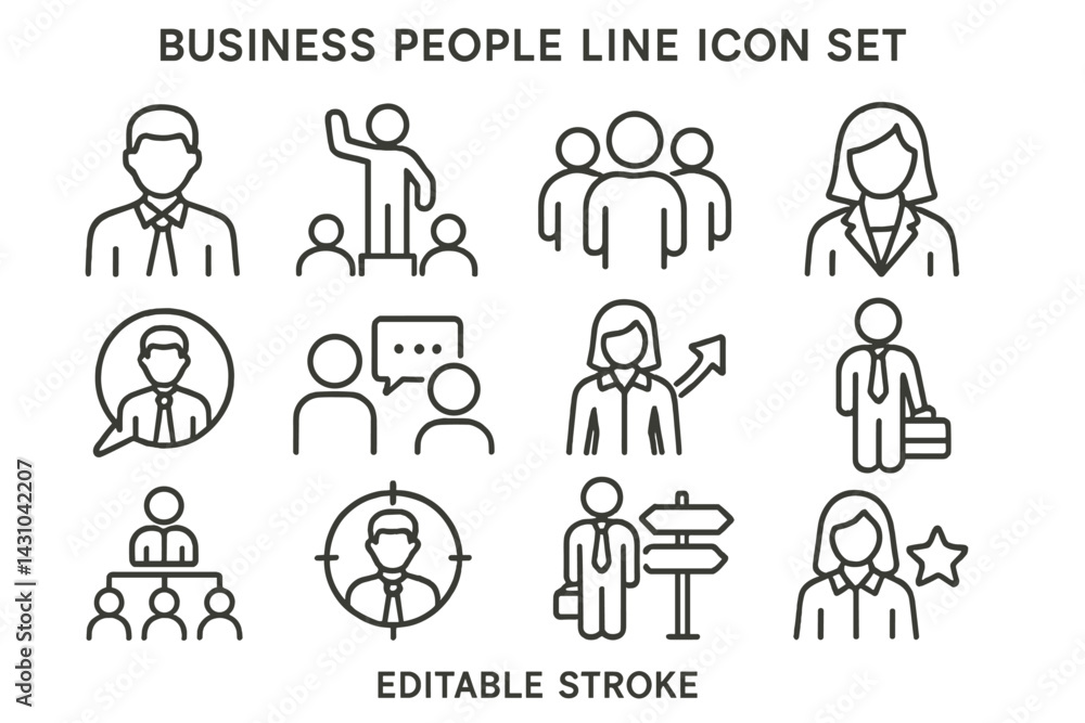 Poster vector icon set showcasing various business people activities and interactions in a professional set