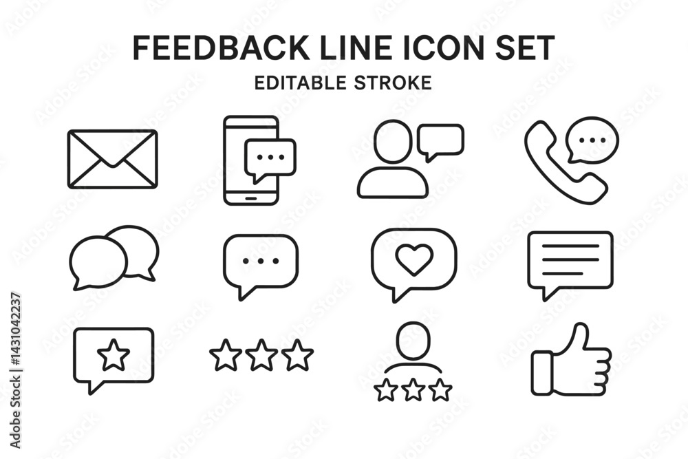 Poster vector icon set featuring various feedback symbols for communication and customer interaction tools