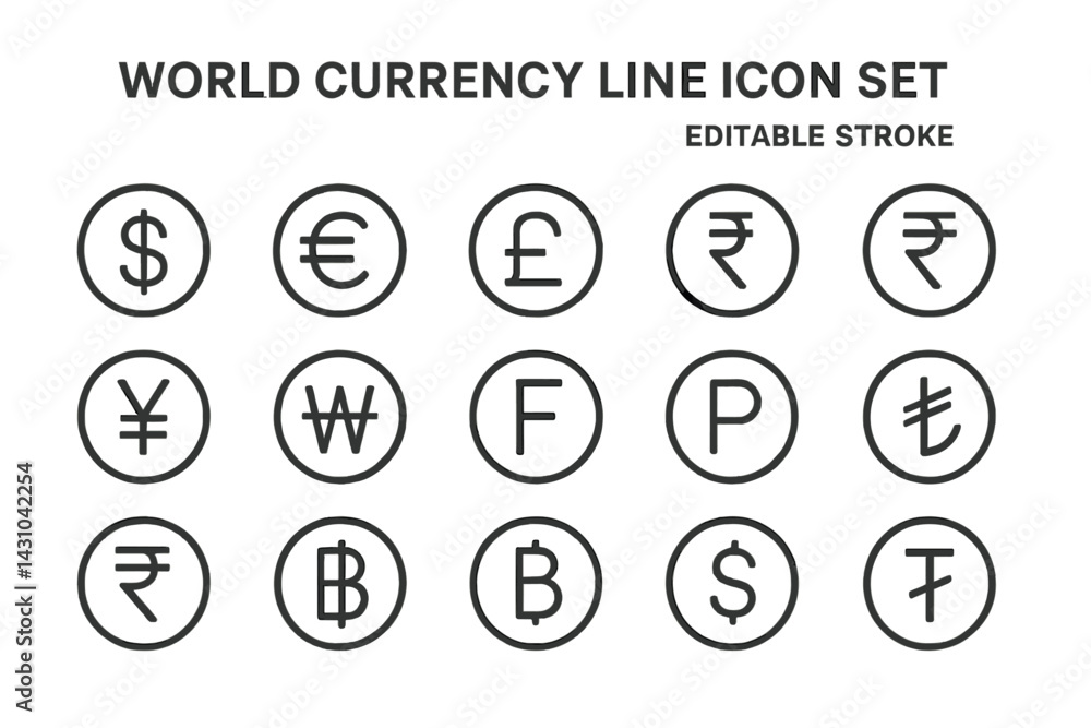Poster vector icon set featuring world currency symbols in a clean and simple design for financial applicat