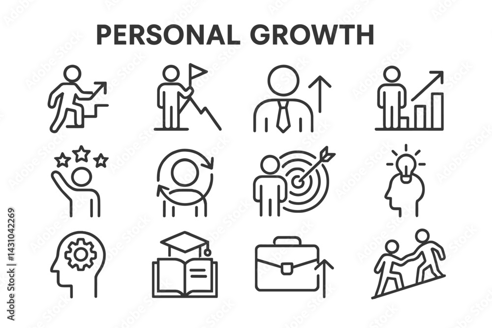 Poster vector icon set featuring personal growth concepts for motivation and development