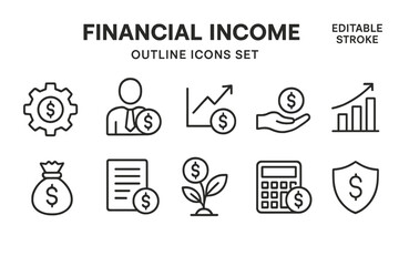 Vector icon set depicting financial income concepts for digital and print use