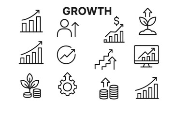 Growth vector icon set showcasing various themes of progress, development, and success in business and personal finance