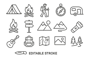 Vector icon set featuring camping essentials, outdoor activities, and adventure elements for travel enthusiasts