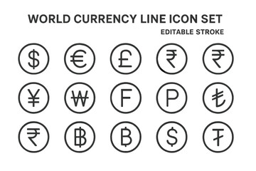 Vector icon set featuring world currency symbols in a clean and simple design for financial applications and educational use
