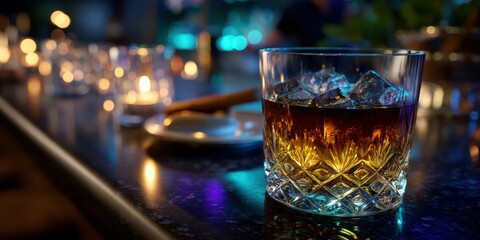 Elegant cocktail served at a bar with dim lighting and warm ambiance during a cozy evening gathering