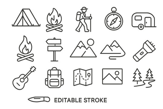 Vector icon set featuring camping essentials, outdoor activities, and adventure elements for travel enthusiasts