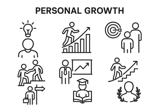 Collection of vector icons depicting aspects of personal growth and development through various activities and achievements